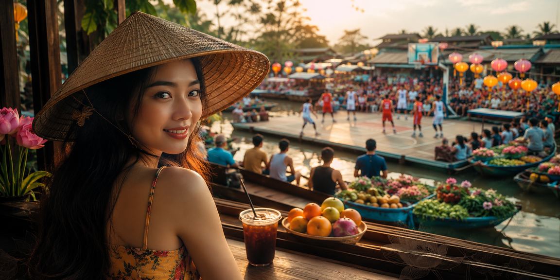 Người chơi đặt cược bóng rổ trực tuyến bên dòng sông Mê Kông với nón lá truyền thống
